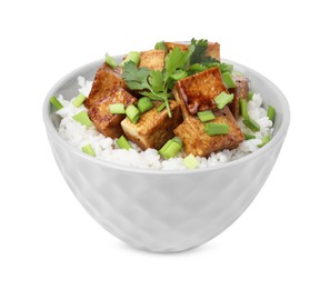 Photo of Bowl of rice with fried tofu and greens isolated on white