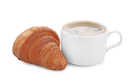 Photo of Tasty breakfast. Cup of coffee and fresh croissant isolated on white