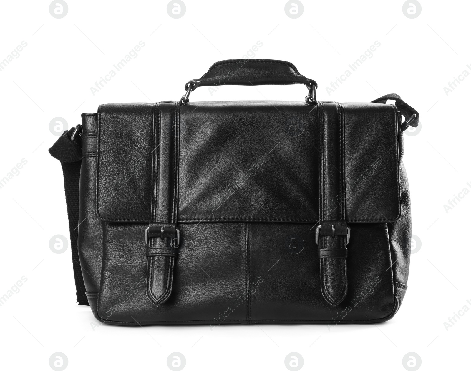 Photo of Stylish black leather bag isolated on white