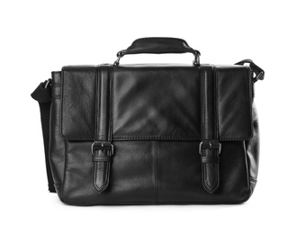 Photo of Stylish black leather bag isolated on white