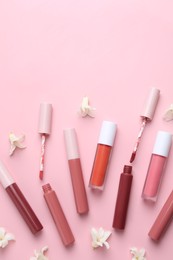 Different lip glosses, applicators and flowers on pink background, flat lay