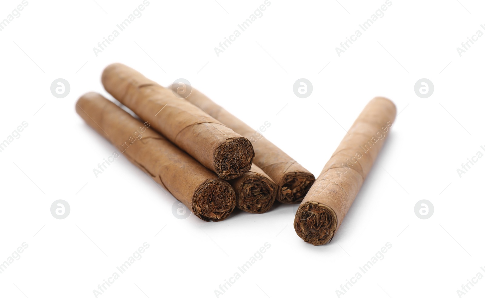 Photo of Cigars wrapped in tobacco leaves on white background