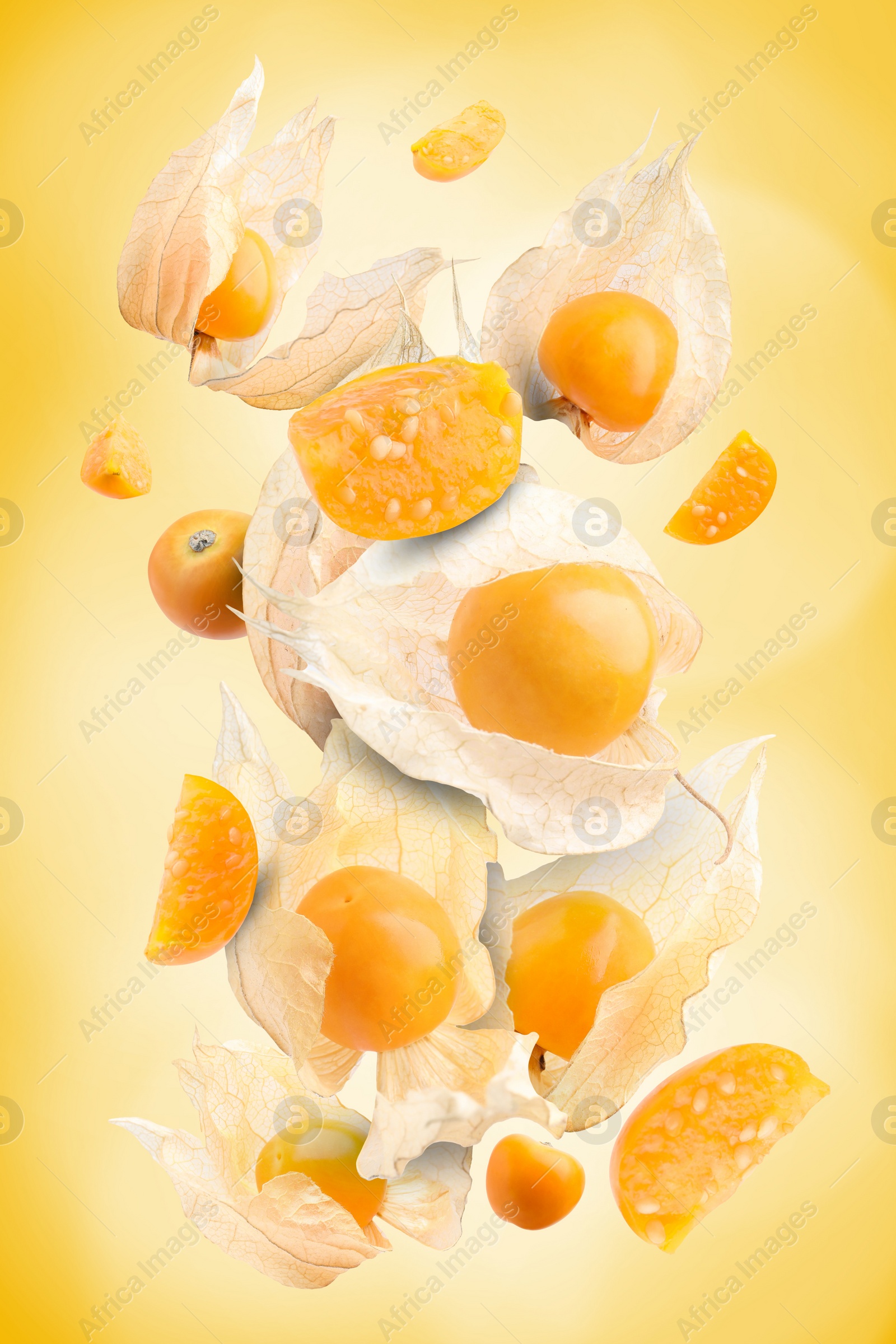 Image of Ripe orange physalis fruits with calyx falling on yellow gradient background