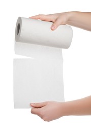 Photo of Woman tearing paper towels on white background, closeup