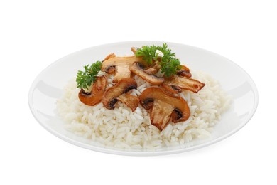 Photo of Plate with delicious rice with parsley and mushrooms isolated on white