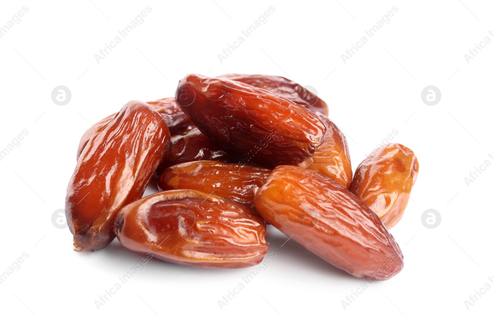 Photo of Heap of tasty sweet dried dates on white background