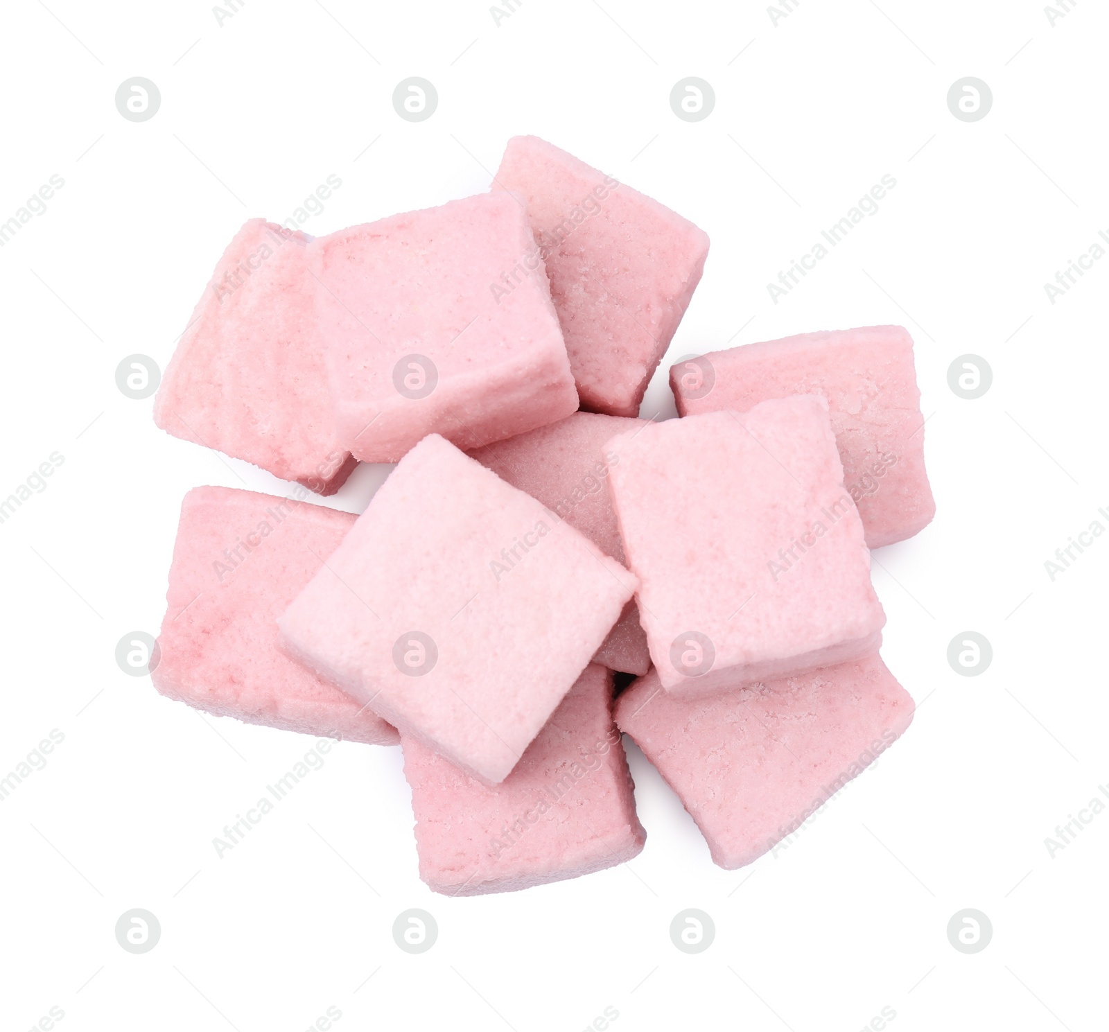 Photo of Pile of delicious sweet marshmallows on white background, top view