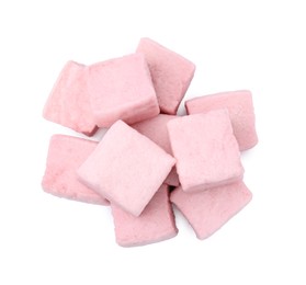 Photo of Pile of delicious sweet marshmallows on white background, top view