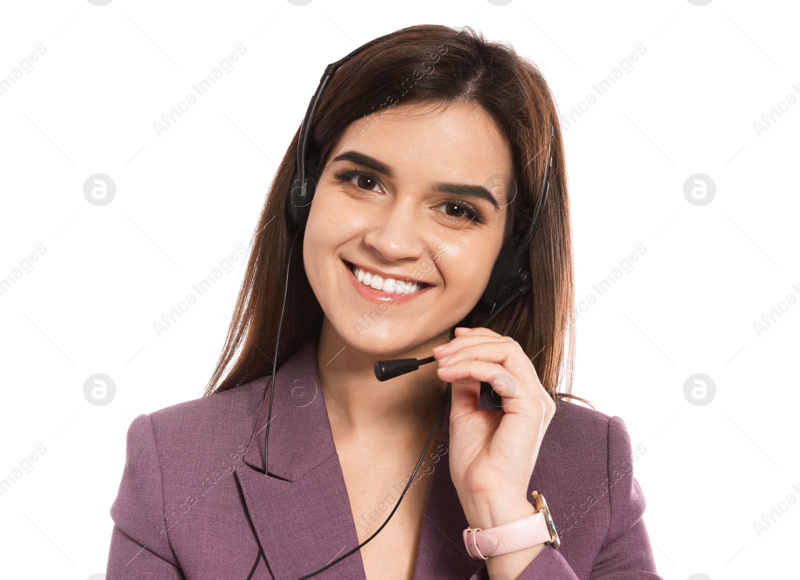 Photo of Technical support operator with headset on white background