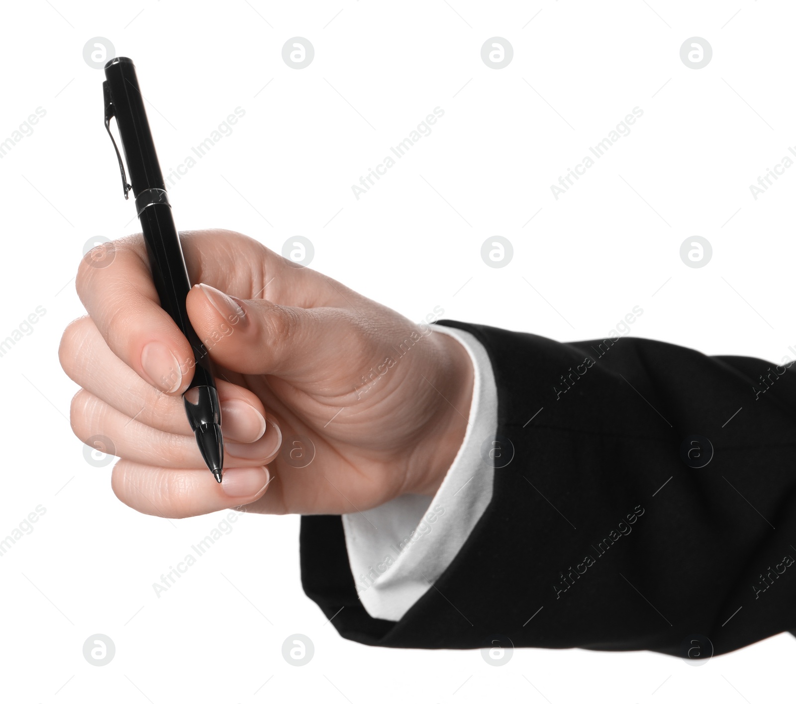 Photo of Woman holding pen on white background, closeup of hand