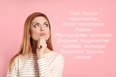 Thoughtful woman choosing profession on pink background