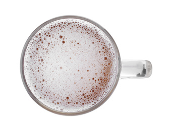 Glass mug with fresh beer isolated on white, top view