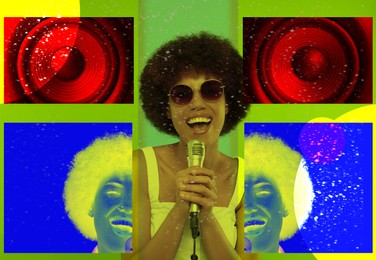 Creative collage with woman singing on bright background. Performance poster
