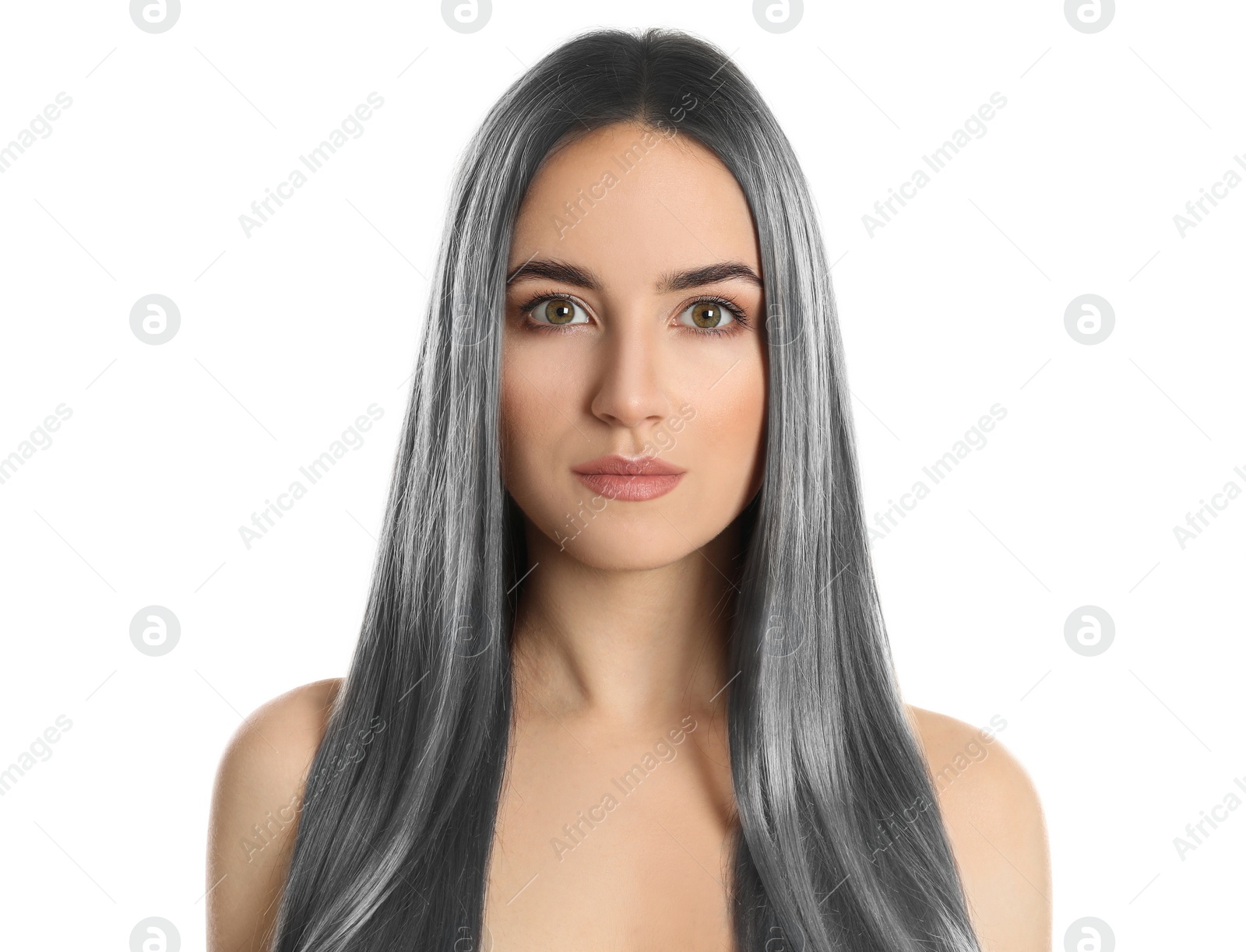 Image of Portrait of young woman with beautiful grey colored hair on white background