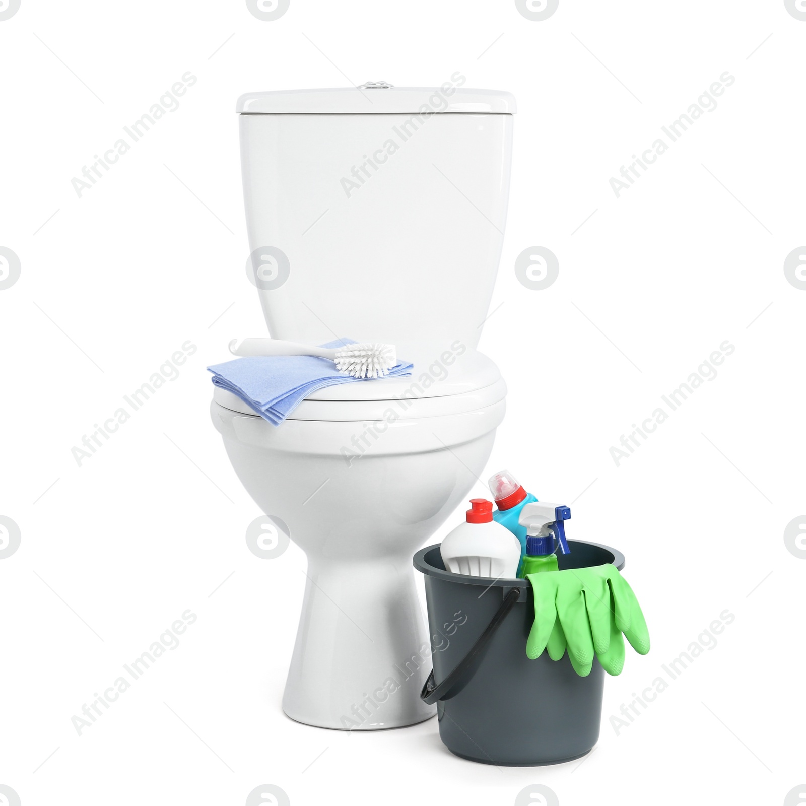 Photo of Toilet bowl and different cleaning supplies on white background