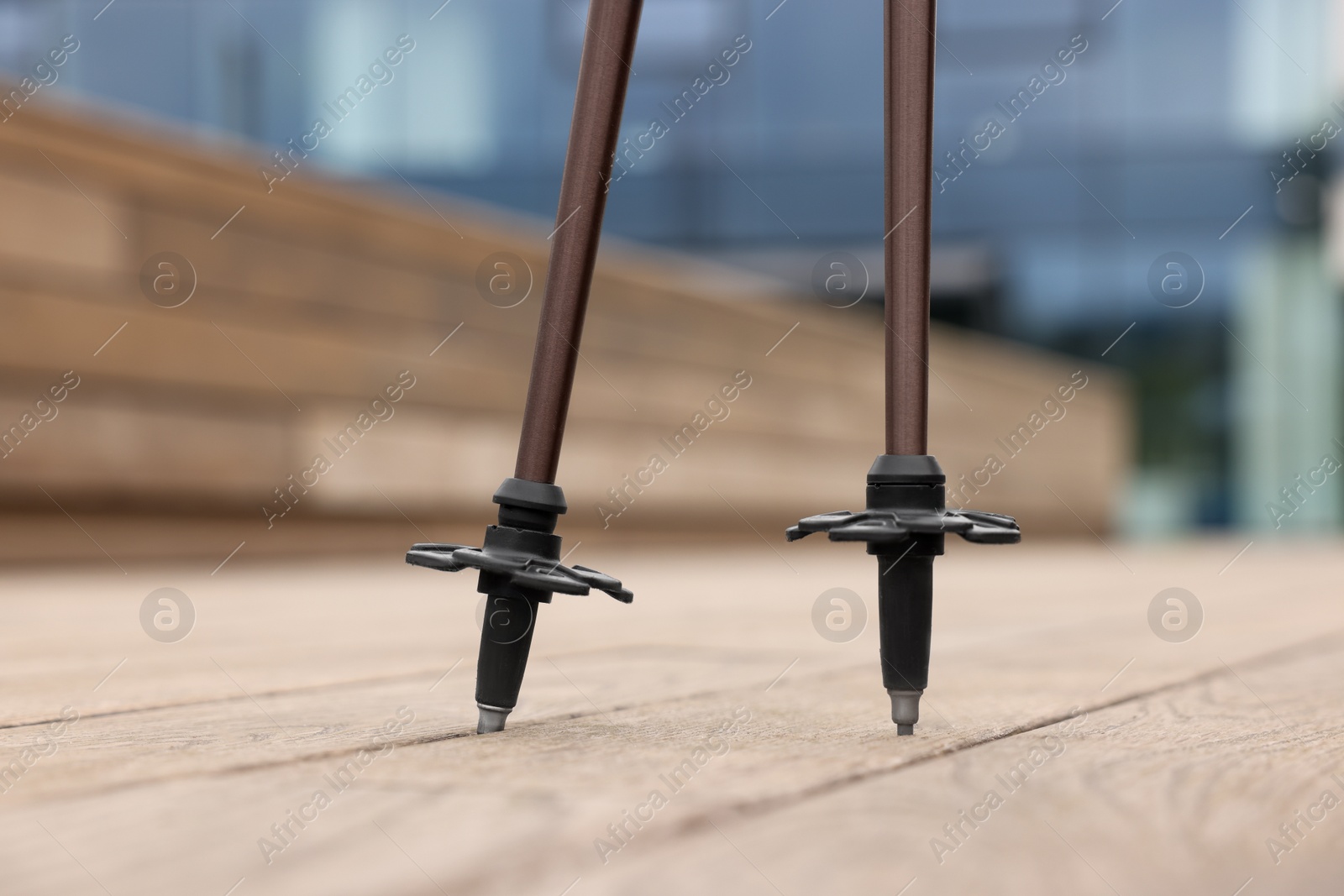 Photo of Two poles for Nordic walking outdoors, closeup