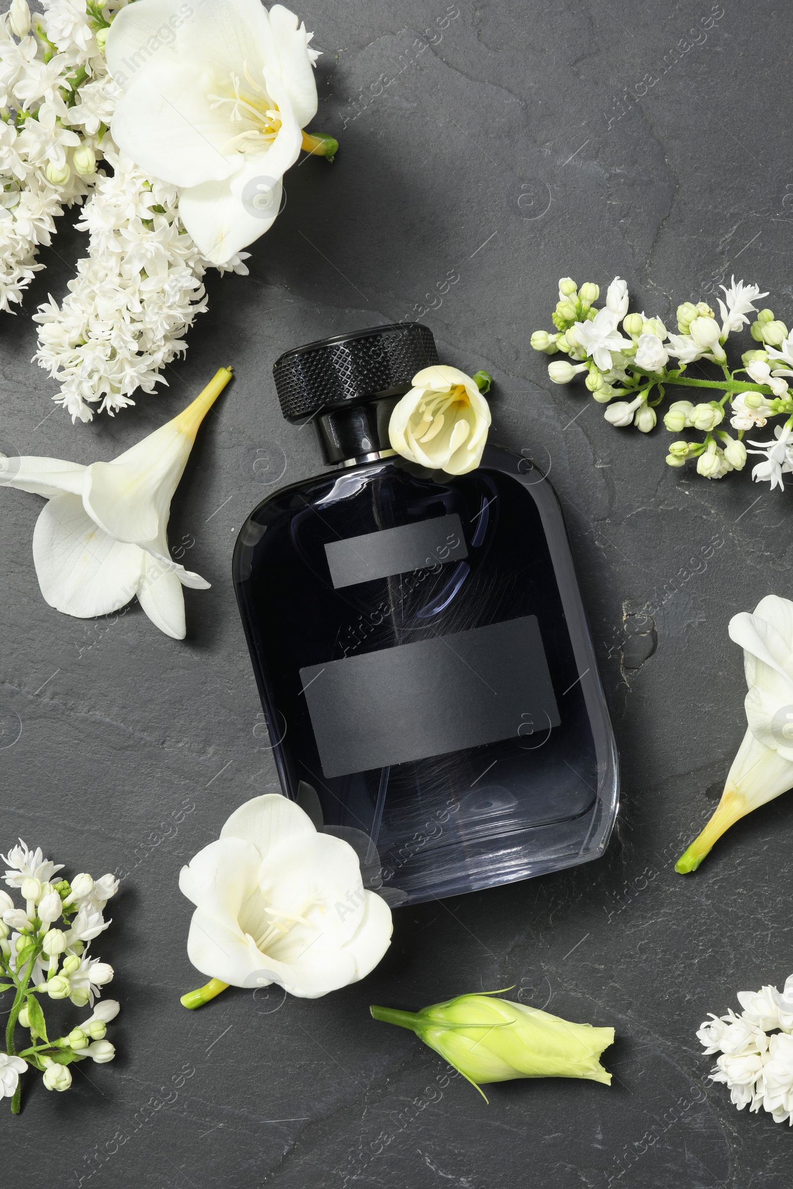 Photo of Bottle of luxury perfume and floral decor on black table, flat lay