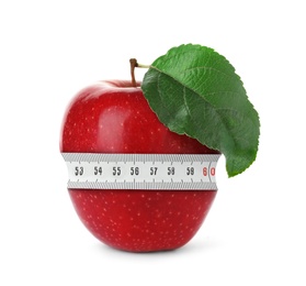 Image of Red apple with measuring tape on white background. Slimming, weight loss concept