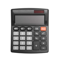 Photo of Black calculator isolated on white, top view. Office stationery