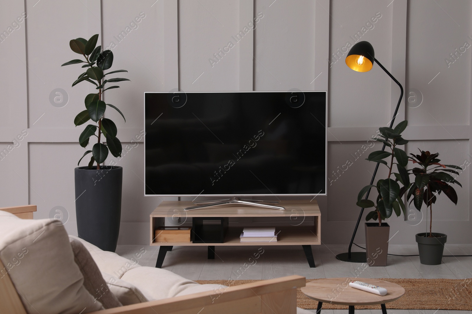 Photo of Stylish room interior with TV on wooden cabinet