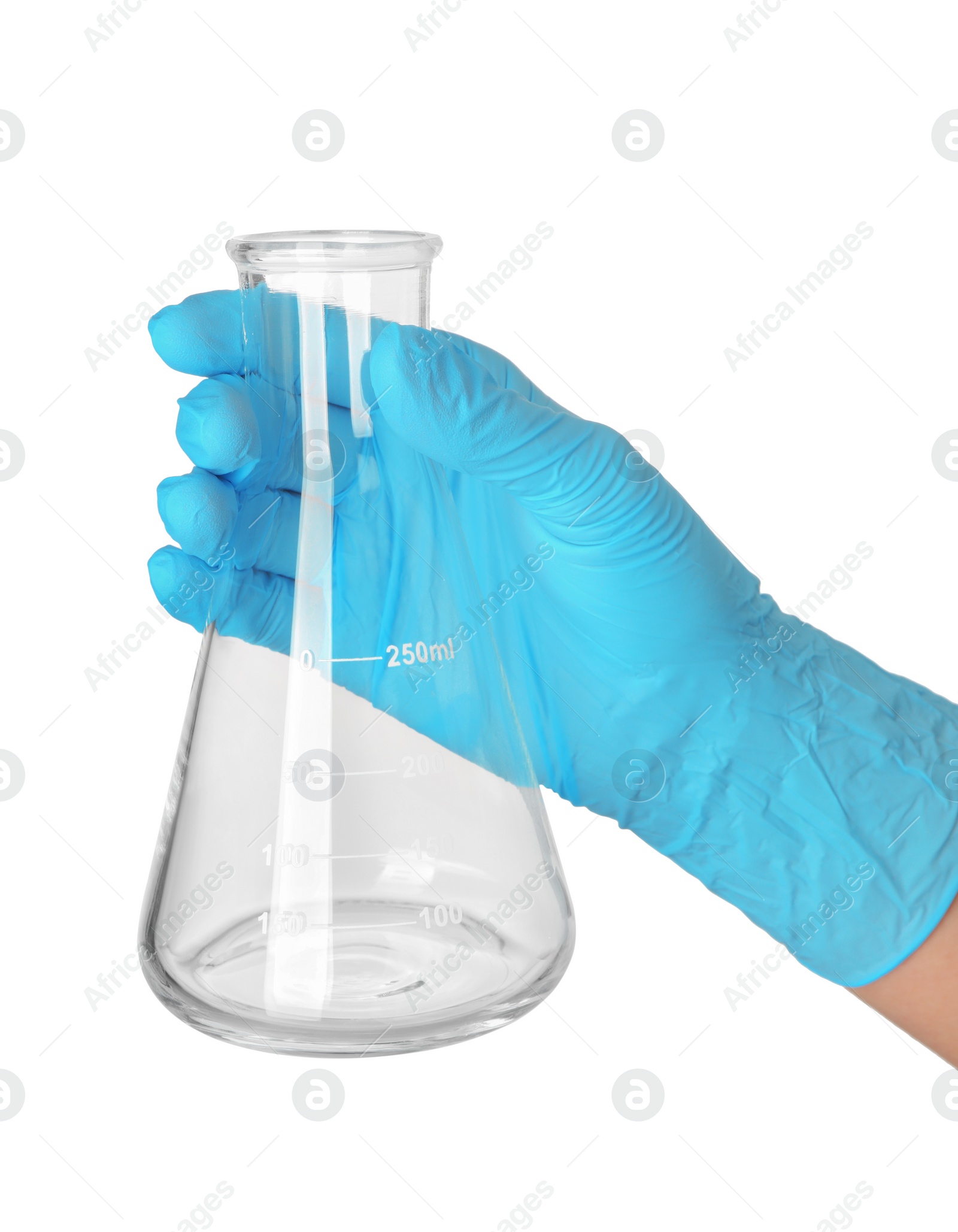 Photo of Scientist with flask on white background, closeup. Laboratory glassware