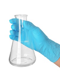 Photo of Scientist with flask on white background, closeup. Laboratory glassware