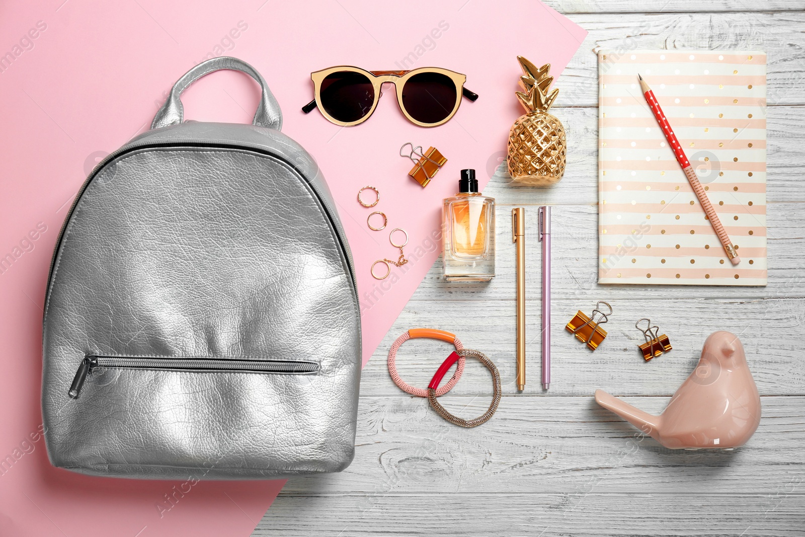 Photo of Flat lay composition with stylish accessories on color background