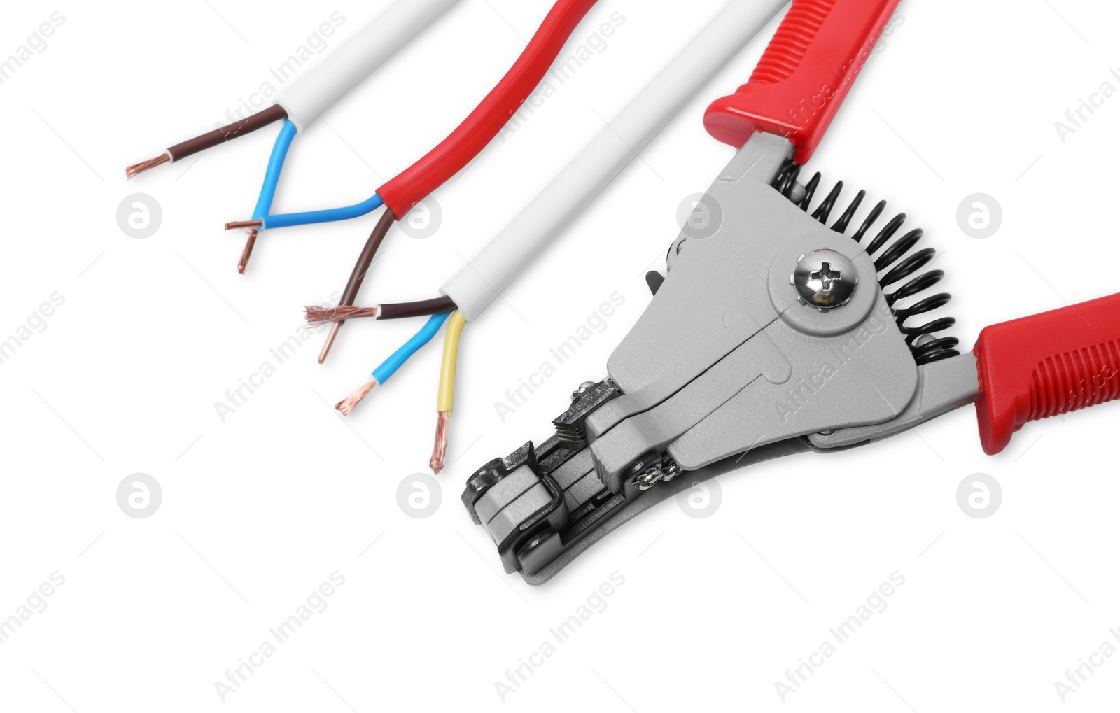 Photo of Cutters and stripped wires isolated on white, top view