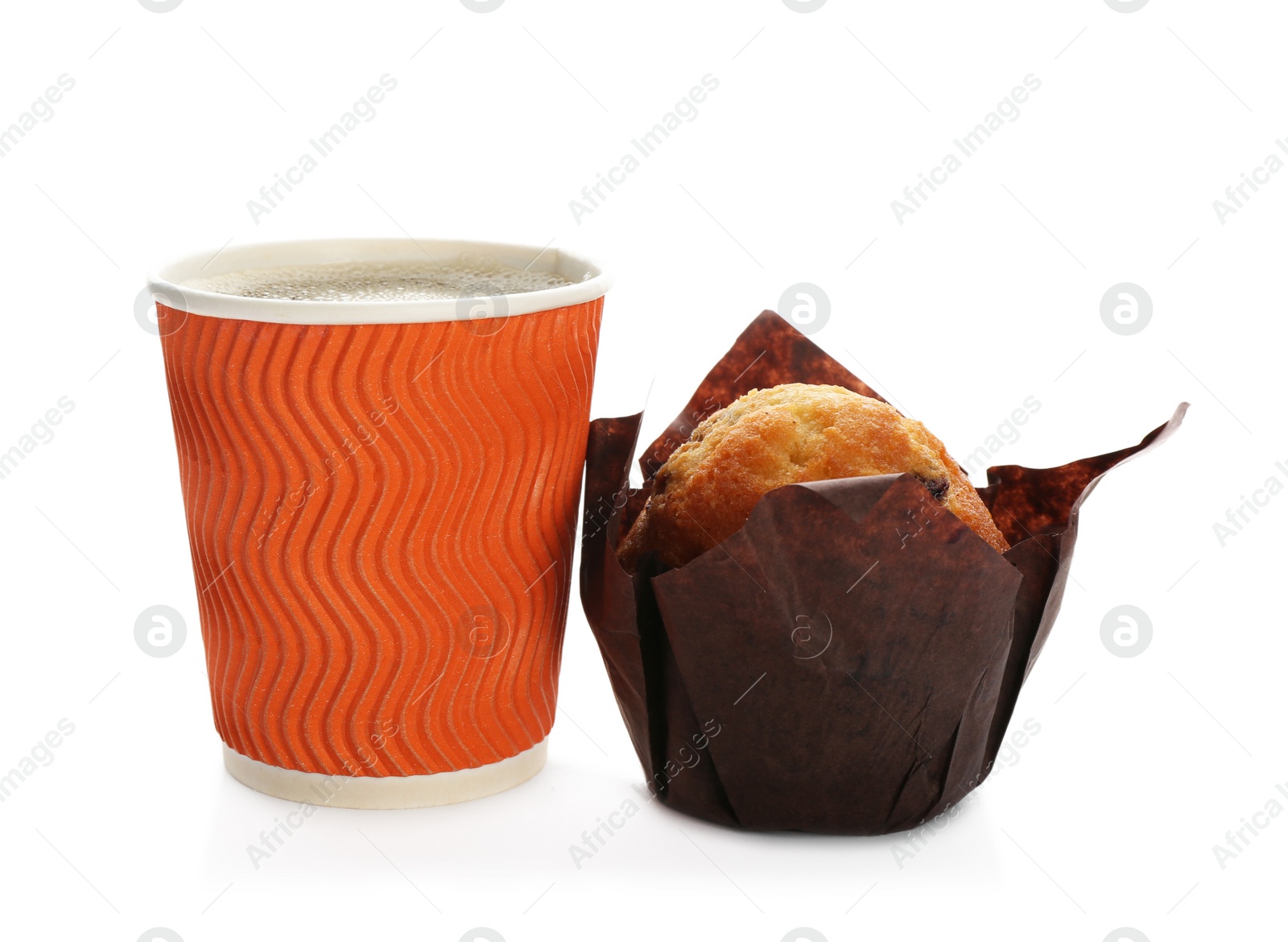Photo of Cardboard cup of coffee and tasty muffin on white background