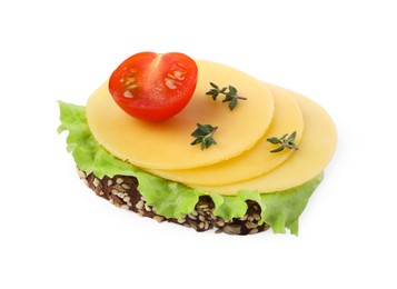 Photo of Tasty sandwich with slices of fresh cheese, tomato, thyme and lettuce isolated on white