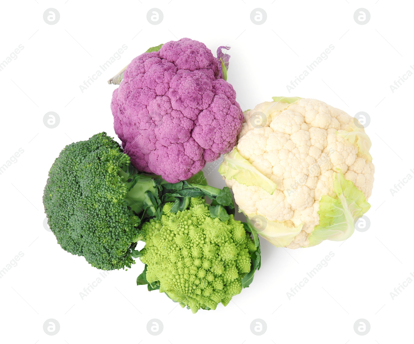 Photo of Different fresh cabbages on white background, top view