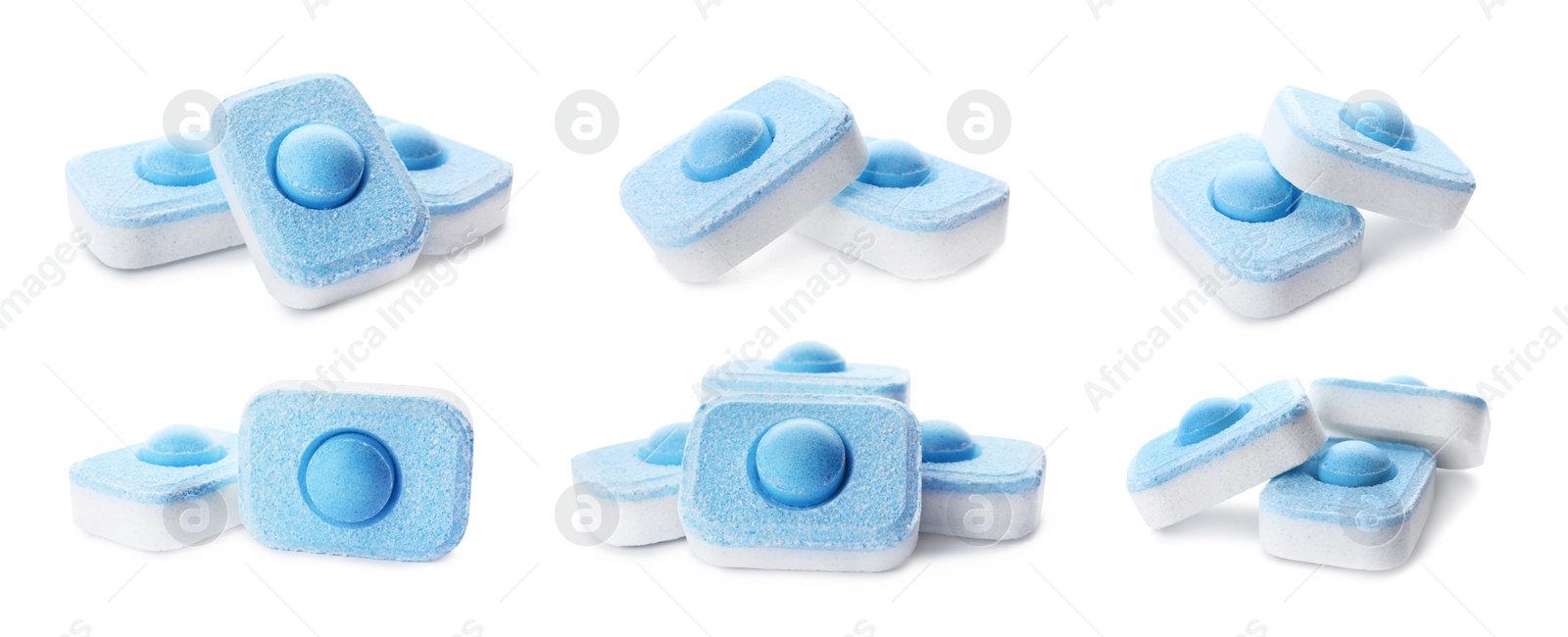 Image of Set with water softener tablets on white background. Banner design