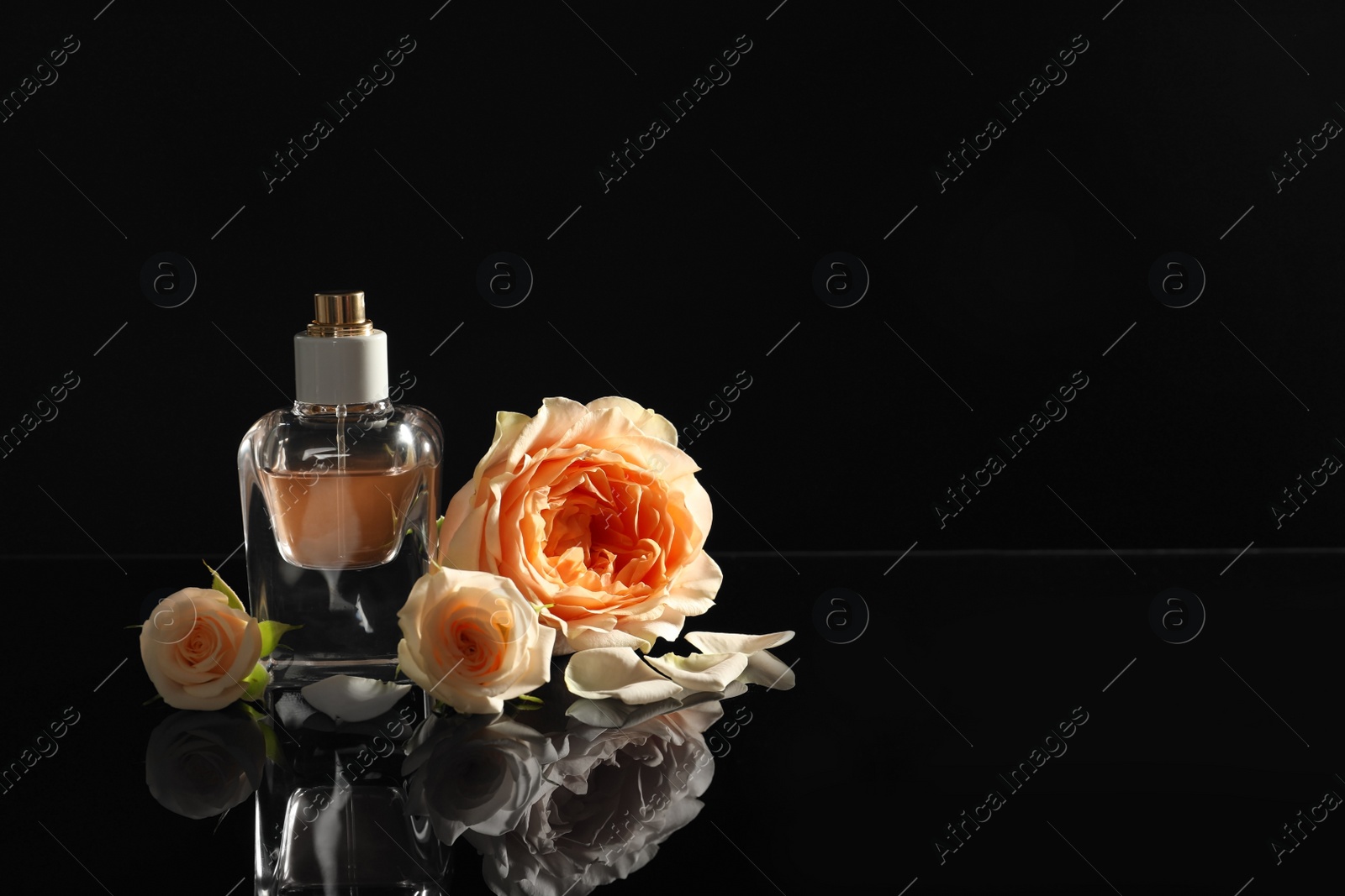 Photo of Elegant bottle of perfume and beautiful flowers on black background. Space for text