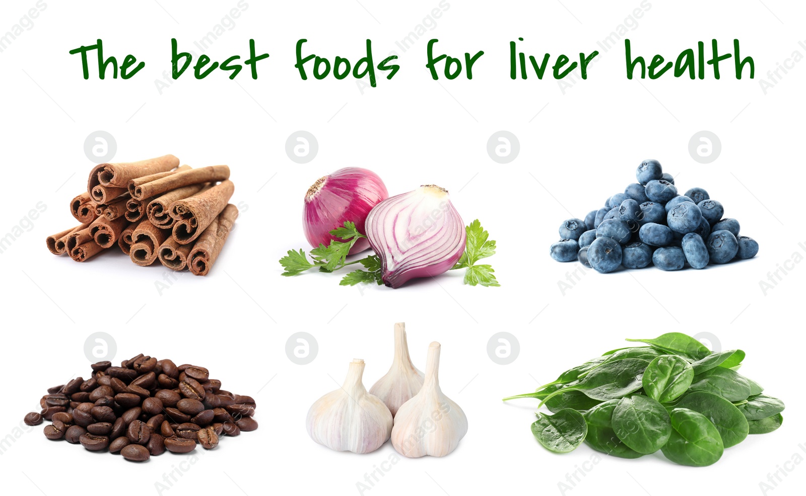 Image of List of the best foods for liver health. Collage with different tasty fresh products on white background