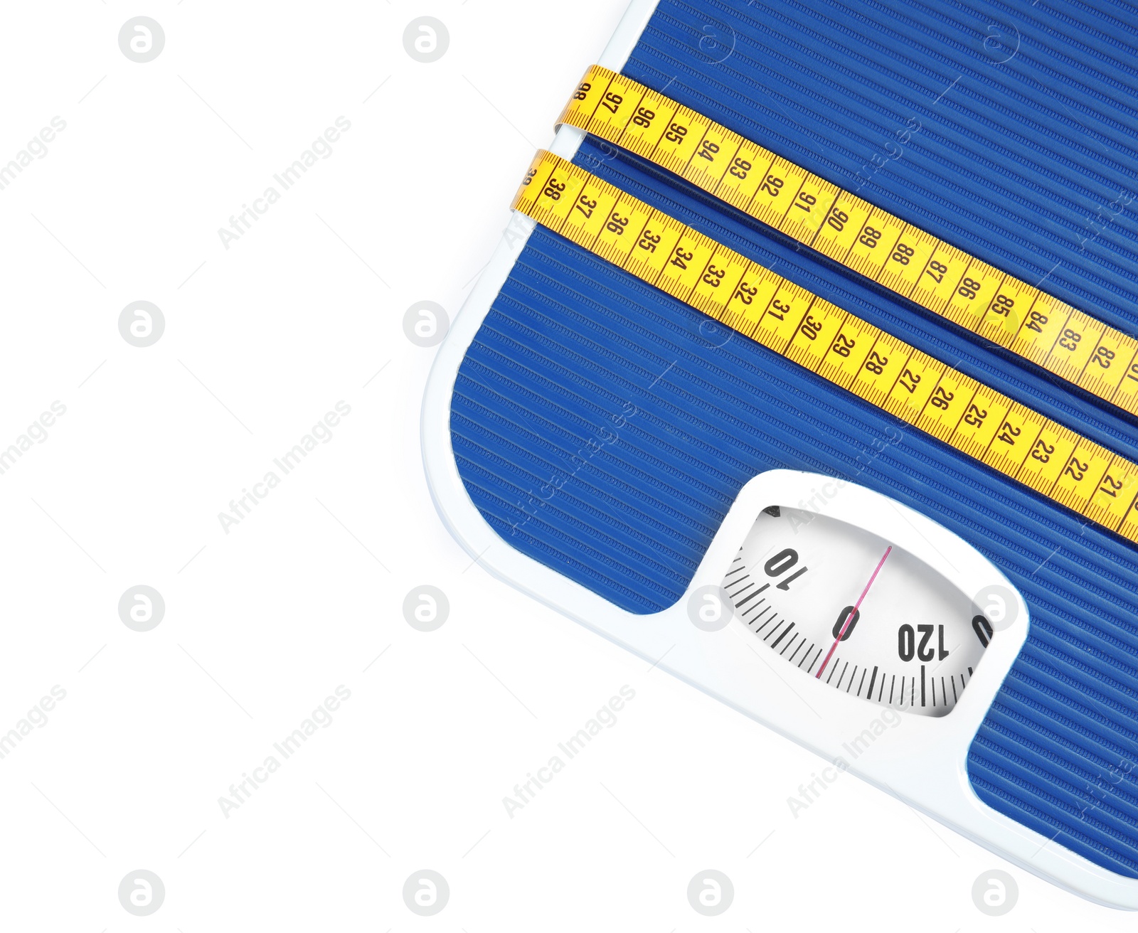 Photo of Modern scales and tape measure isolated on white, top view