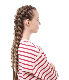 Photo of Woman with braided hair on white background