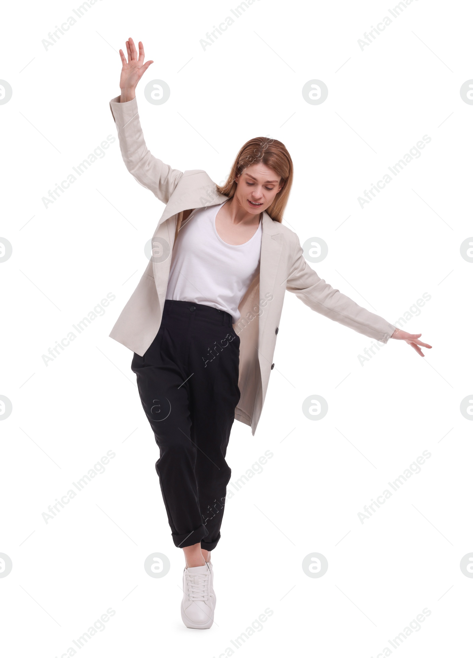 Photo of Full length portrait of beautiful businesswoman on white background