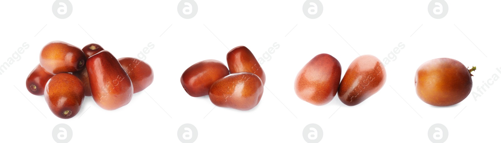 Image of Set with fresh ripe palm oil fruits on white background. Banner design