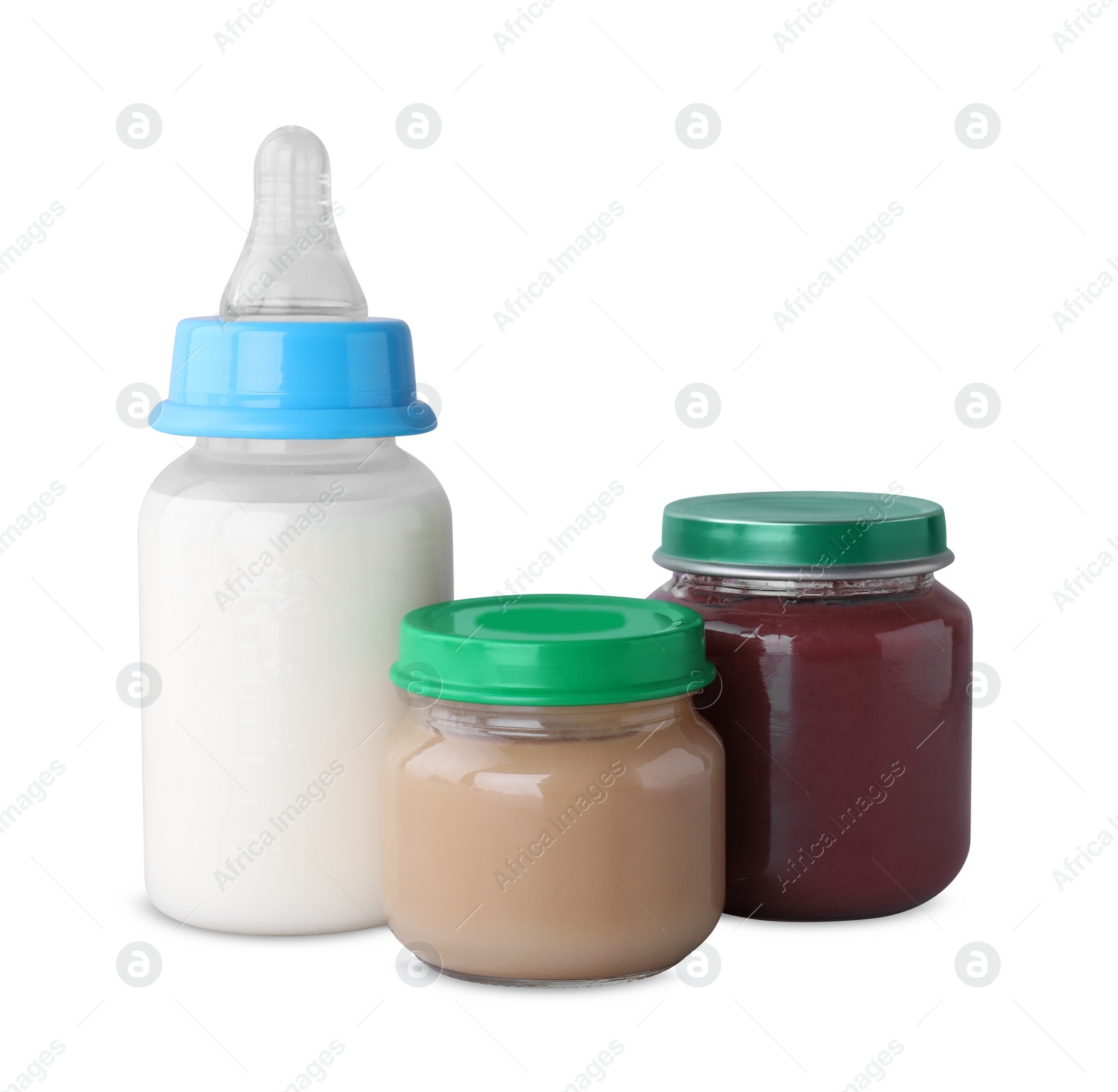 Photo of Healthy baby food and bottle with milk on light grey background