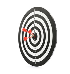 Photo of Red arrows hitting target on dart board against white background