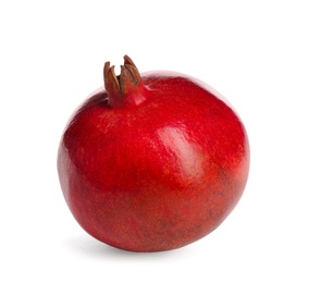 Photo of Ripe pomegranate on white background. Delicious fruit