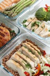 Healthy food. Different meals in glass containers on table