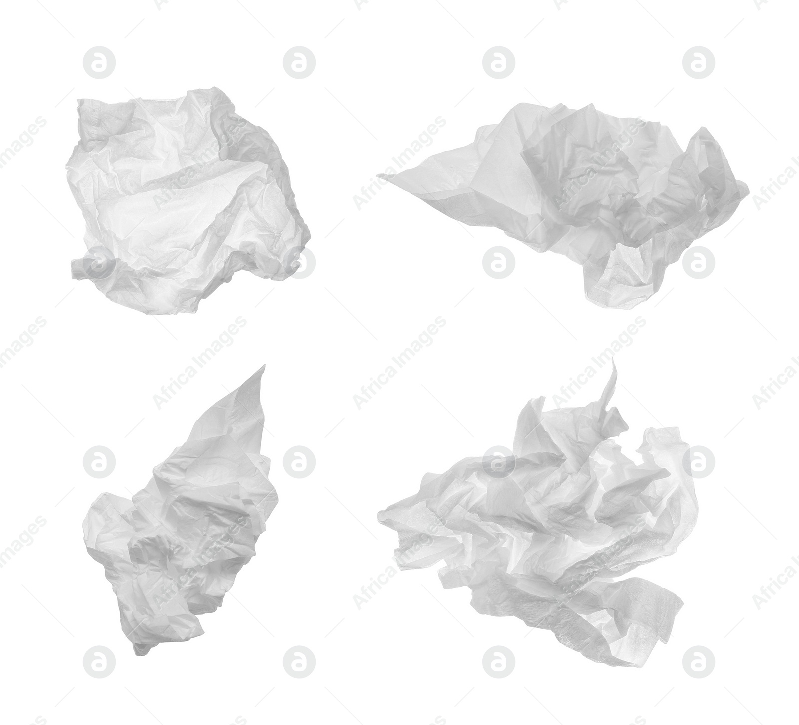 Image of Set with used crumpled paper tissues on white background