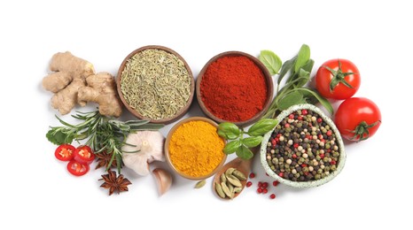 Photo of Different fresh herbs with aromatic spices on white background, top view