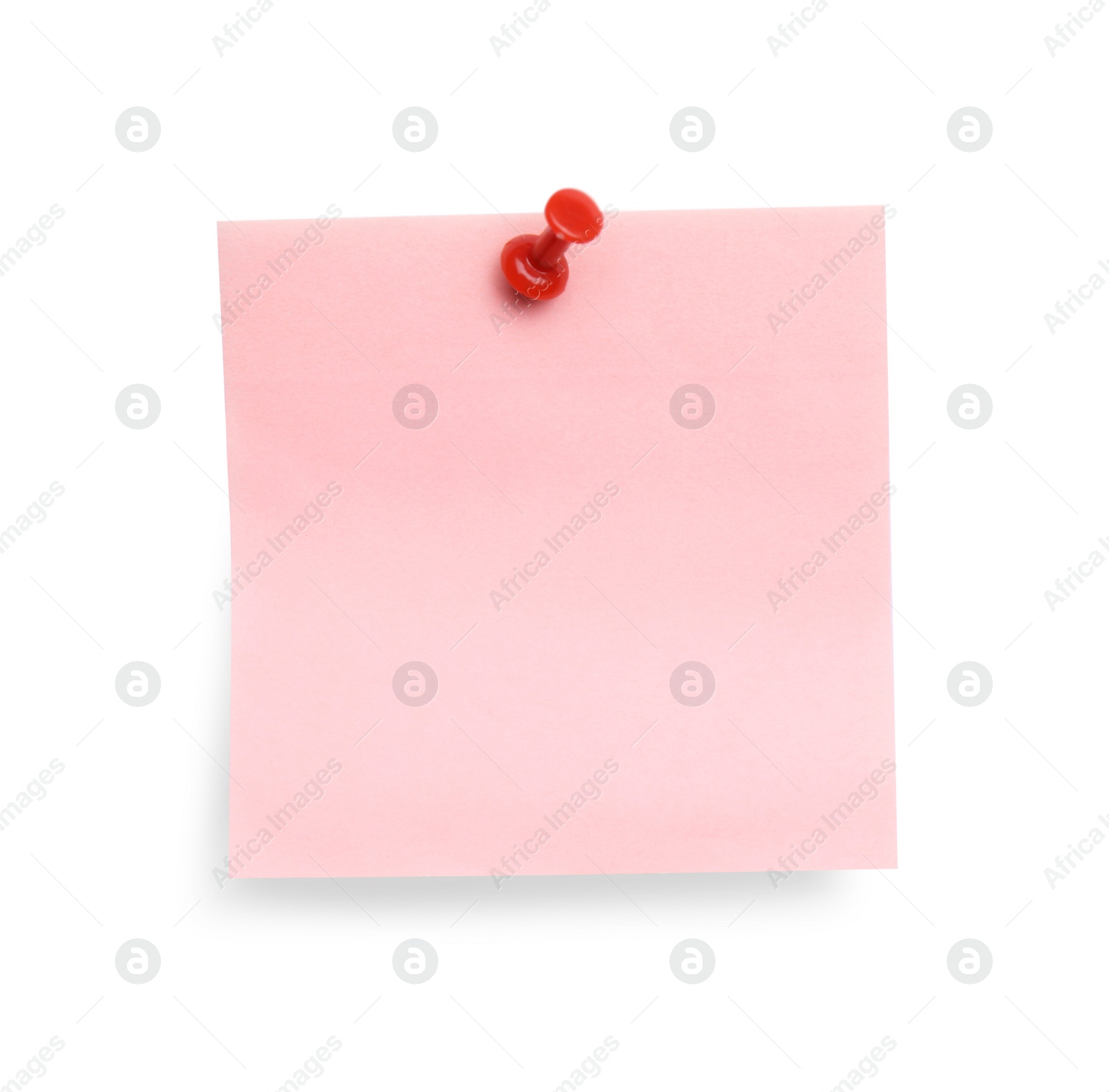 Photo of Blank pink note pinned on white background, top view