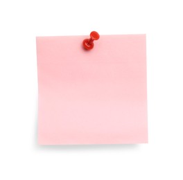 Blank pink note pinned on white background, top view