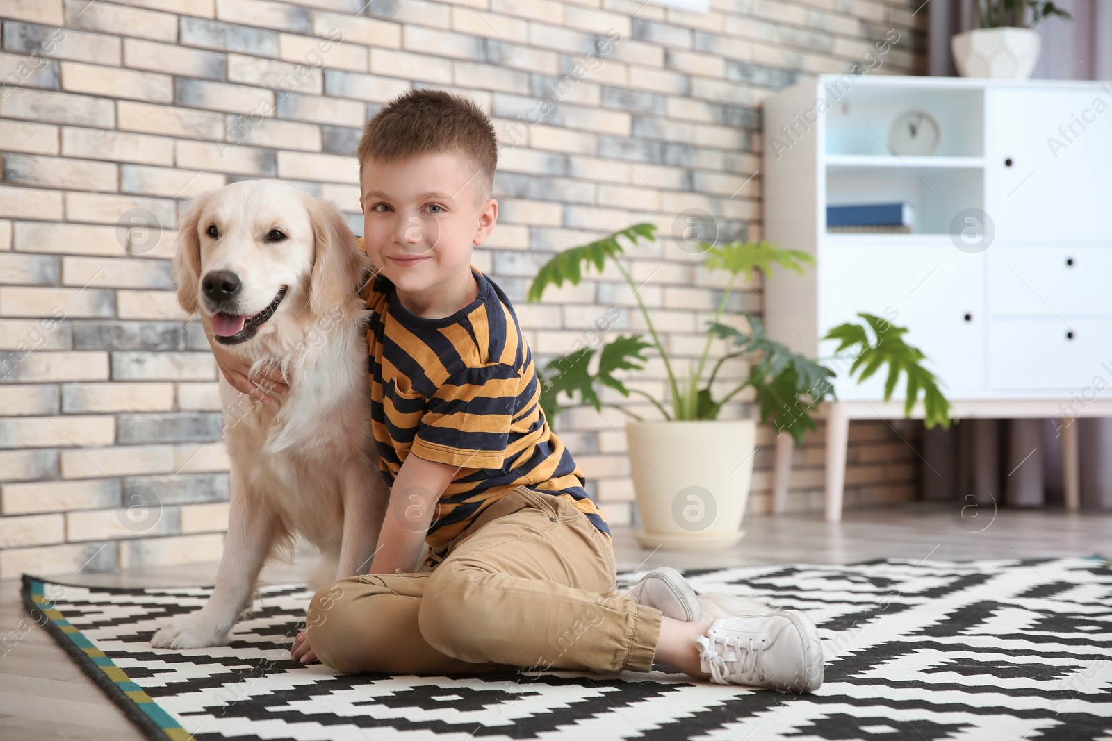 Photo of Cute little child with his pet on floor at home