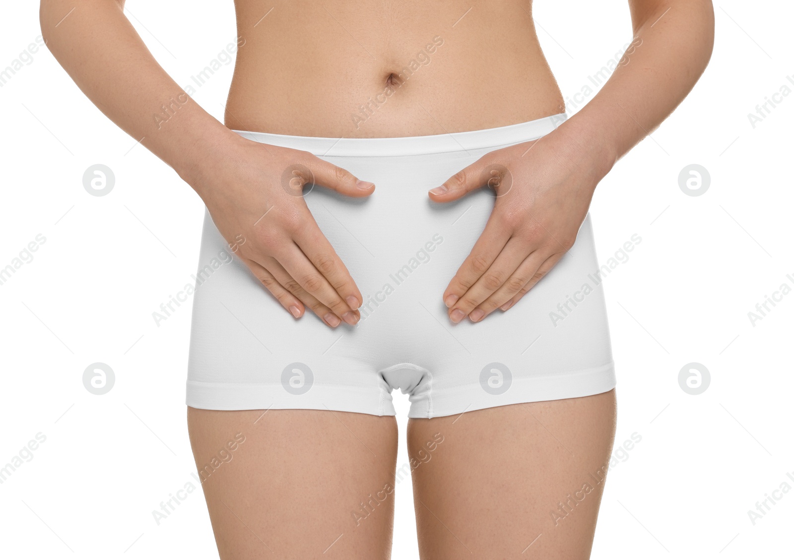 Photo of Woman holding hands near panties on white background, closeup. Women's health
