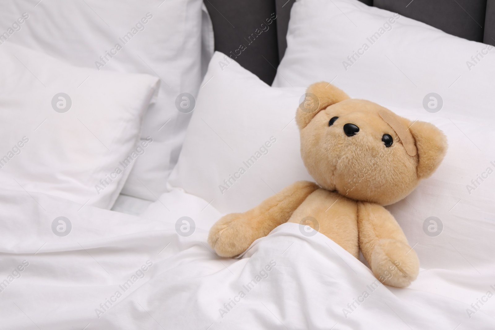 Photo of Toy cute bear with sticking plaster under blanket in bed