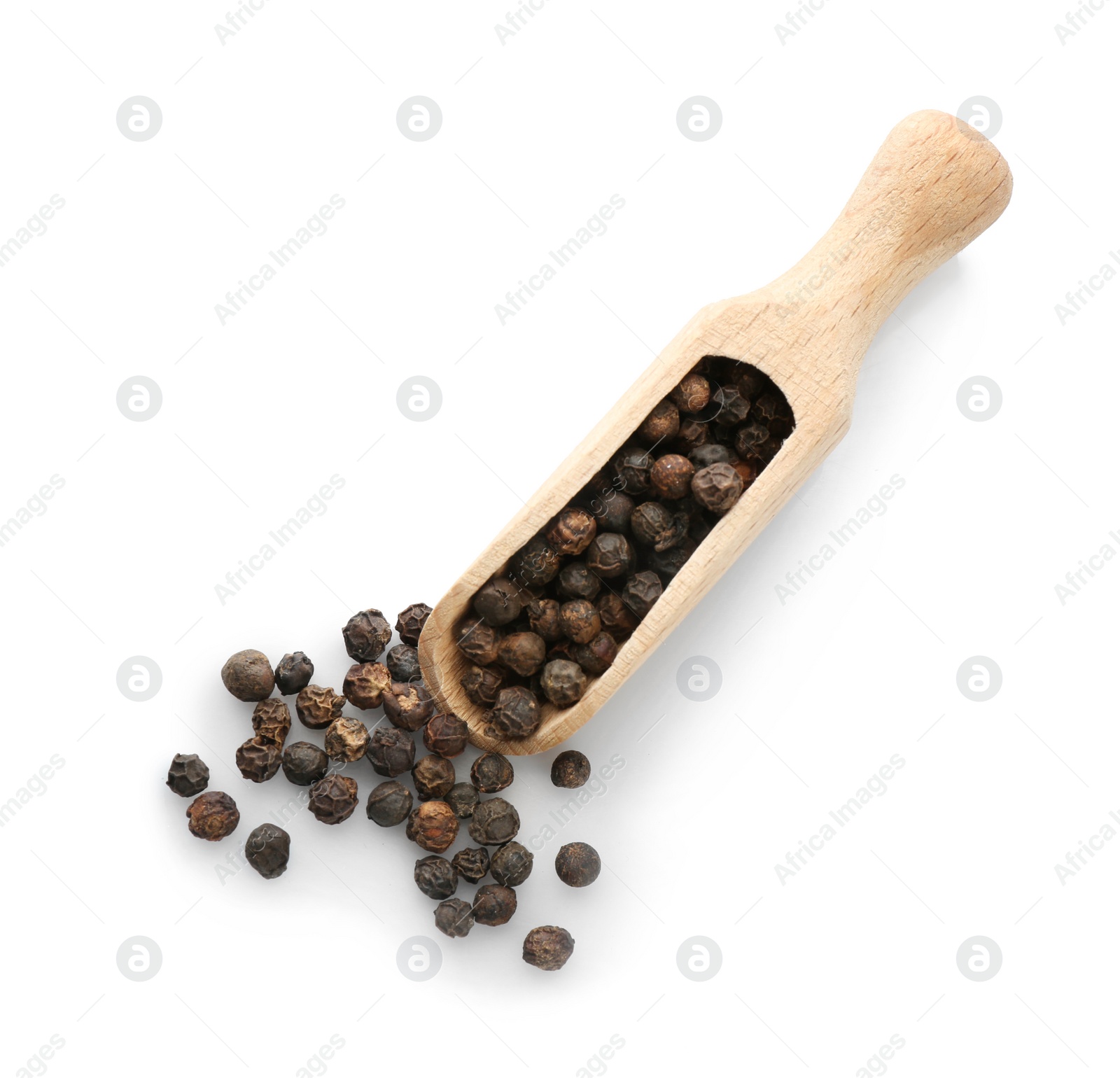 Photo of Wooden scoop with black pepper grains on white background, top view